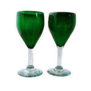 Mexican Hand Blown Recycled Glass Wine Water Goblets Green